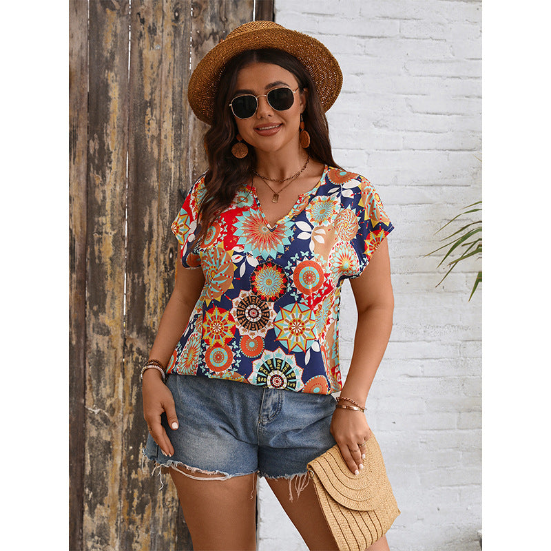 Summer Vacation Casual Women Shirt V neck Pullover Print Shirt Women
