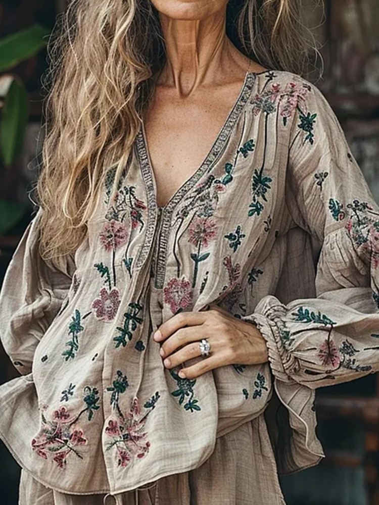 Bohemian Floral Linen Art Print Long Sleeve V-neck Shirt