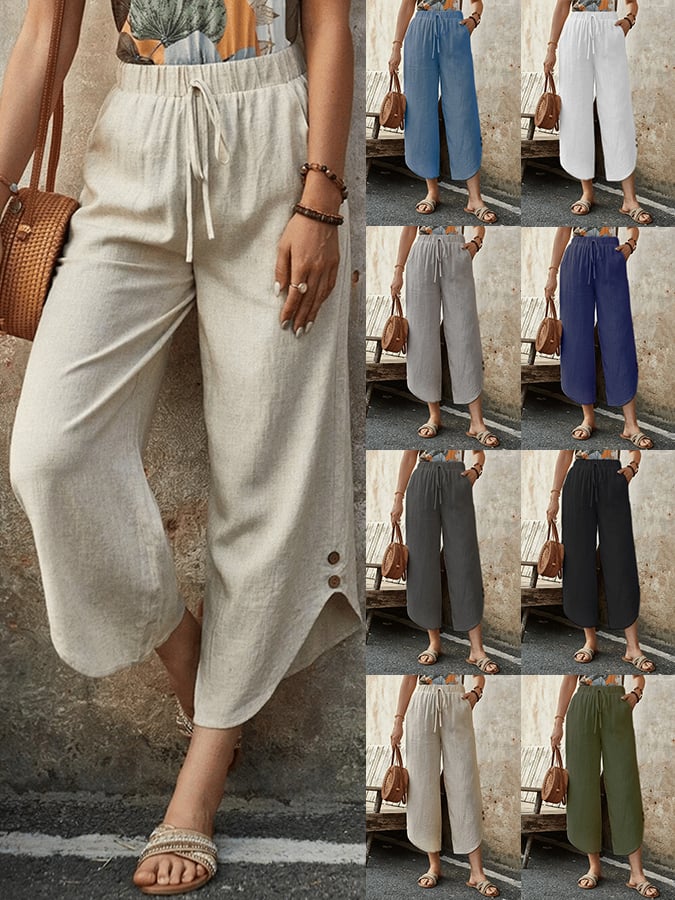 Casual Elegant Cotton And Linen Lace-Up With Pockets Irregular Cropped Pants