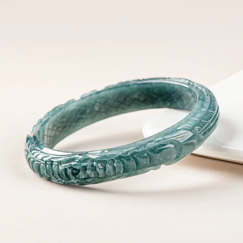 Natural A-grade Jade Blue Water Circle Stereoscopic Carved Phoenix Safety Bracelet Ice Jadeite Bangle Children's Gifts Jewelry