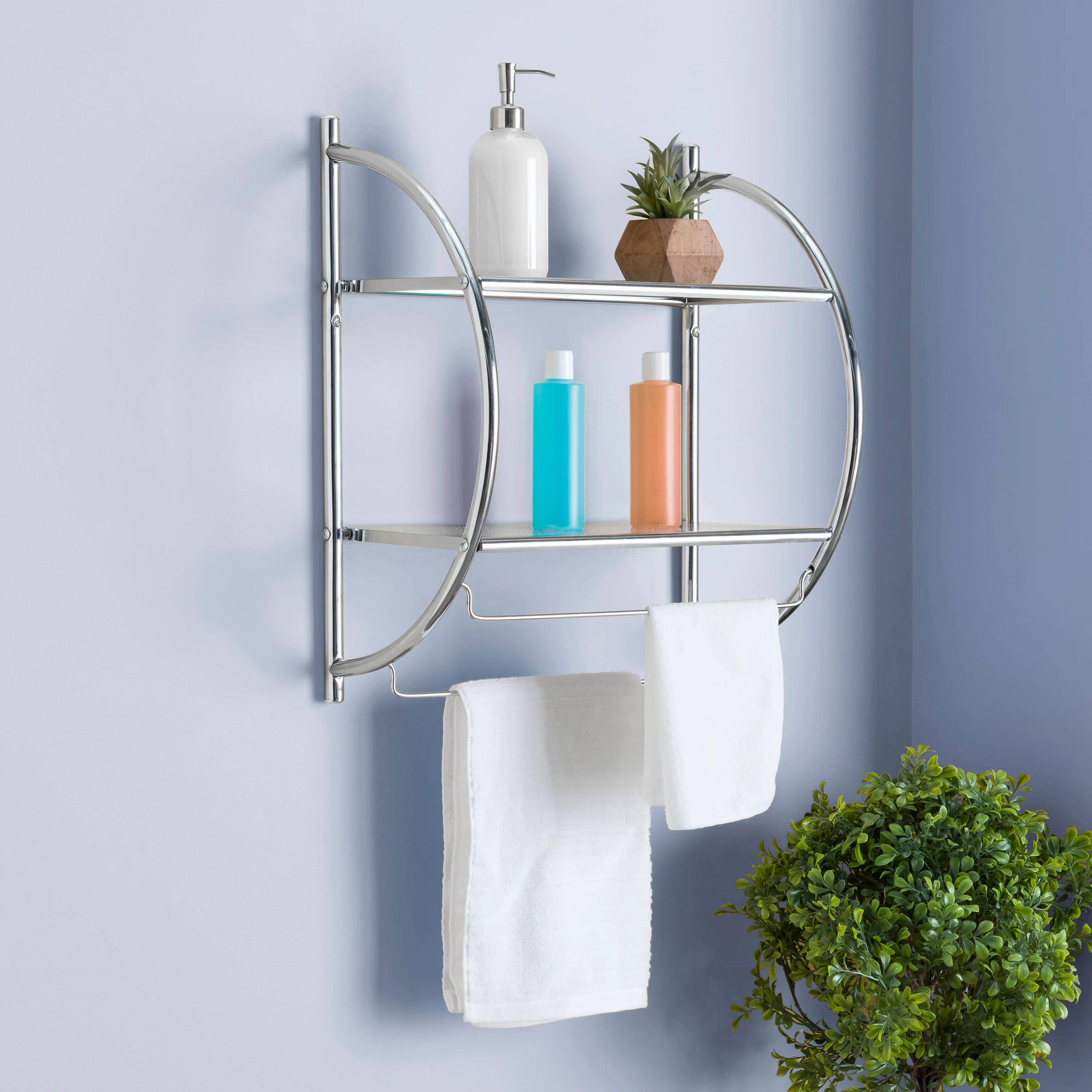 2-Tier Bathroom Shelf With Towel Bars - Chrome Finish