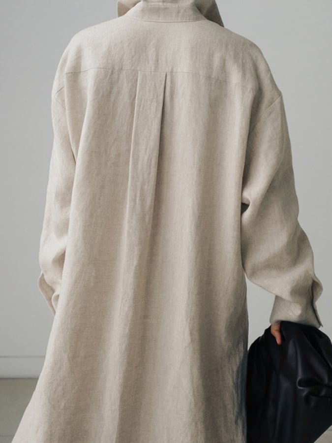 Women's Solid Color Single-Breasted Mid-Length Loose Cotton And Linen Casual Dress