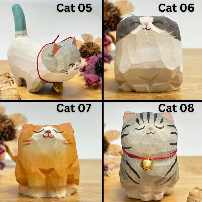 Handcrafted Wooden Cat Sculpture – 17 Unique Styles 🐱✨