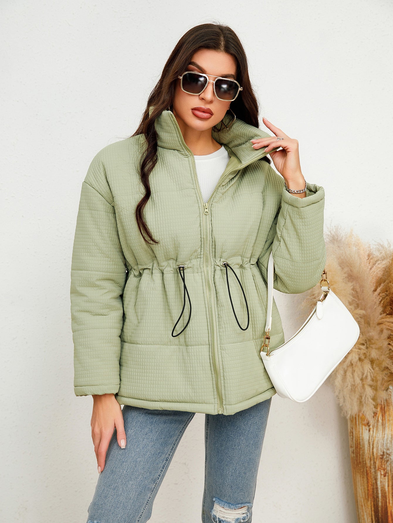 Women Wear Corduroy Cotton Coat Winter Loose Collared Zipper Cinched Drawstring Cotton Padded Coat