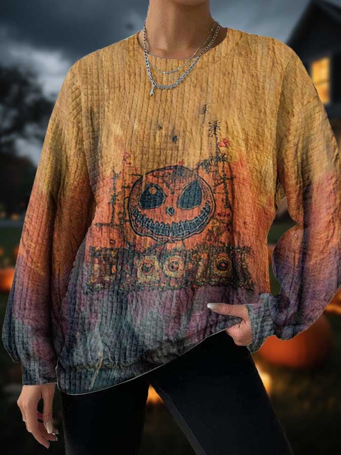 🔥Buy 3 Get 10% Off🔥Women's Halloween Pumpkin Face Printed Crew Neck Sweatshirt