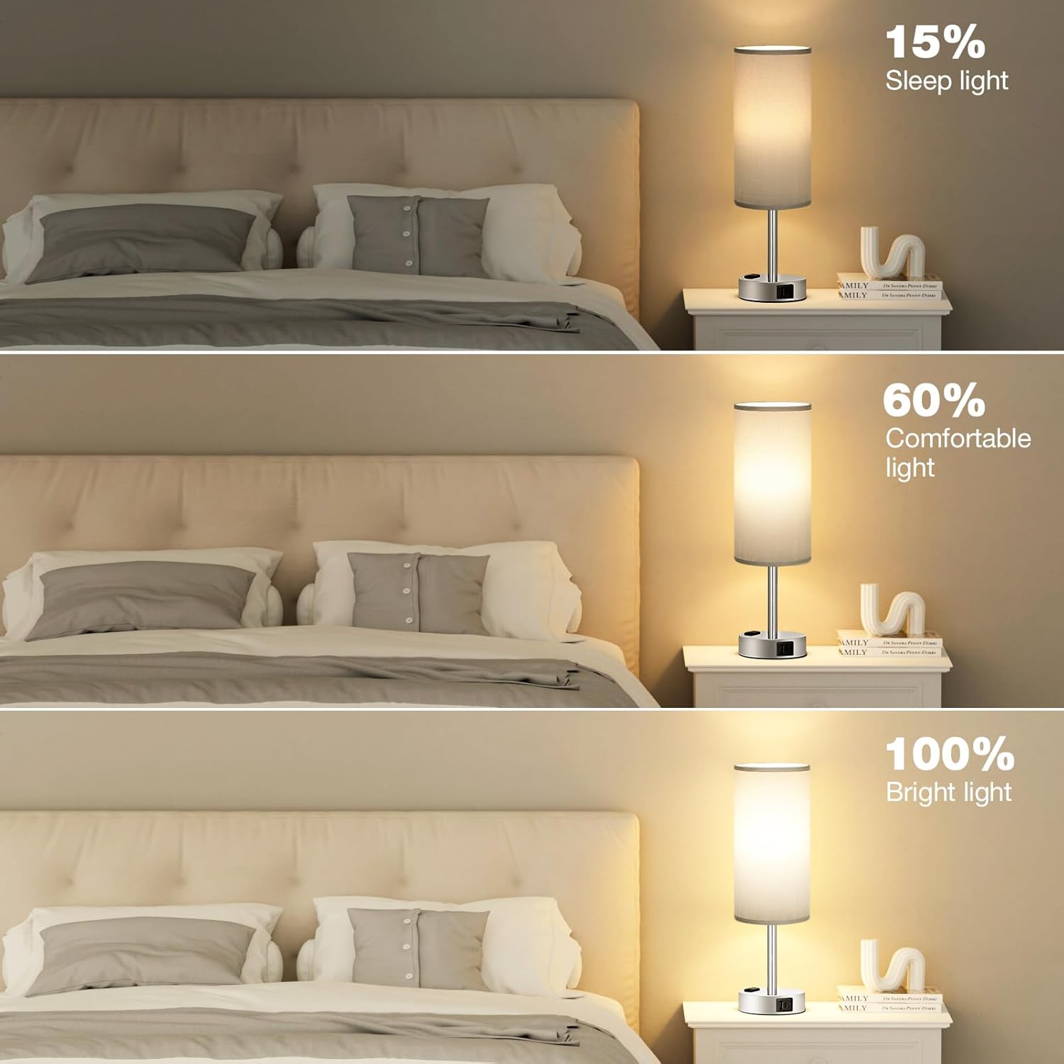 Bedside Table Lamp for Bedroom - 3 Way Dimmable Touch Lamp USB C Charging Ports and AC Outlet, Small Lamp Wood Base Round Flaxen Fabric Shade for Living Room, Desk, LED Bulb Included