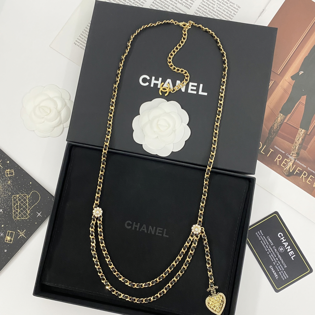CHAN 24 diamond heart double layer leather waist chain