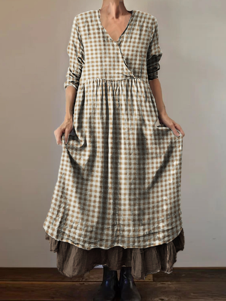 Check Pleated Frayed Hem Wrap Maxi Dress