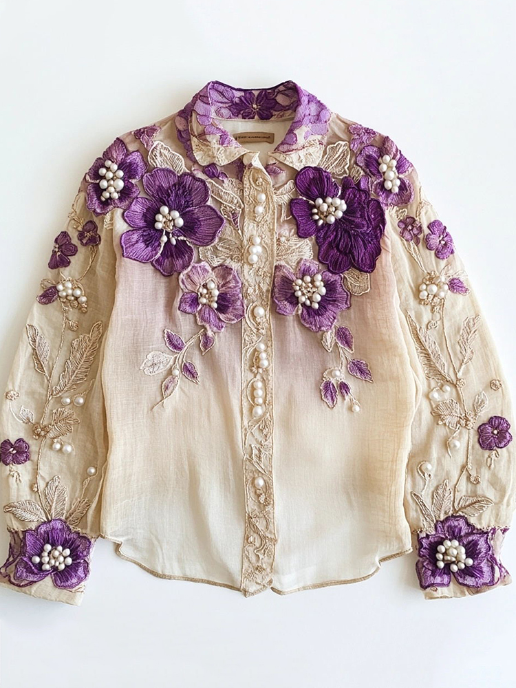Women's Purple Floral Embroidered Linen Blend Shirt