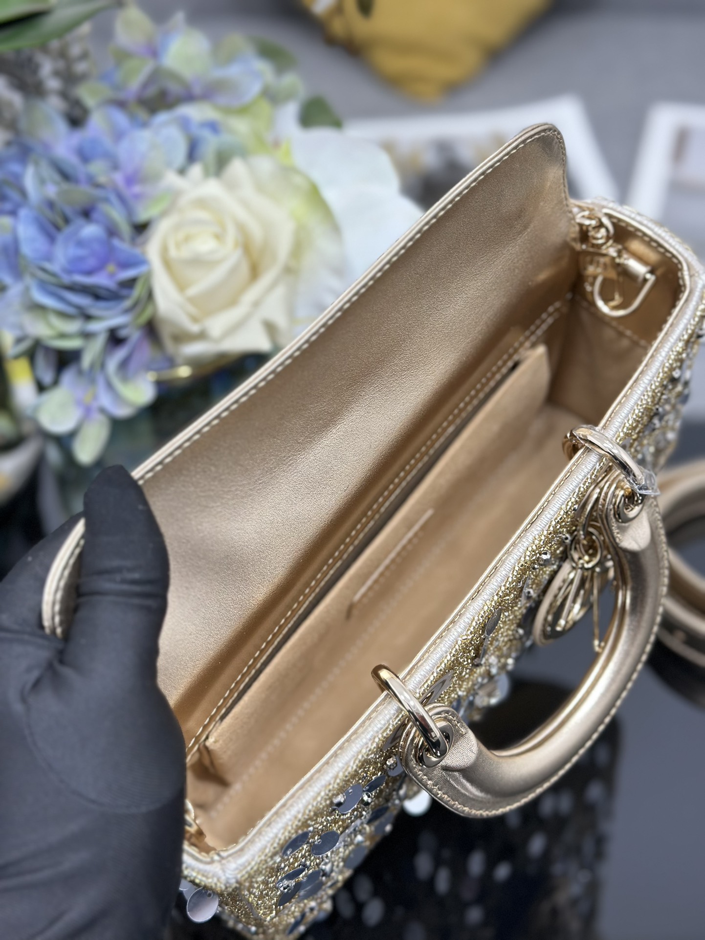 Dior Lady D-Joy Medium Embroidered Sequin Gold Lady Diana Bag M0540
