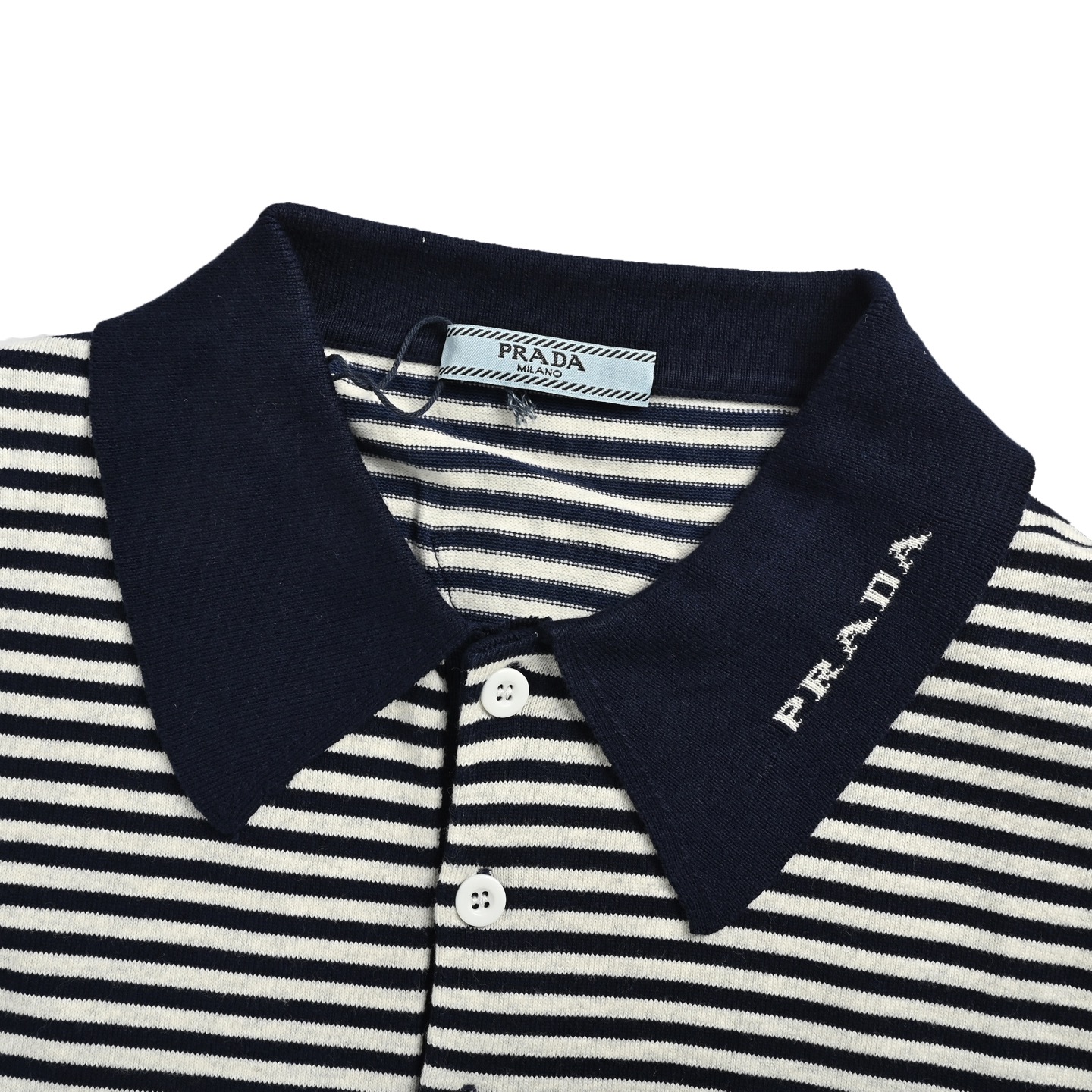 Prada 23ss blue and white striped knitted Polo short sleeve
