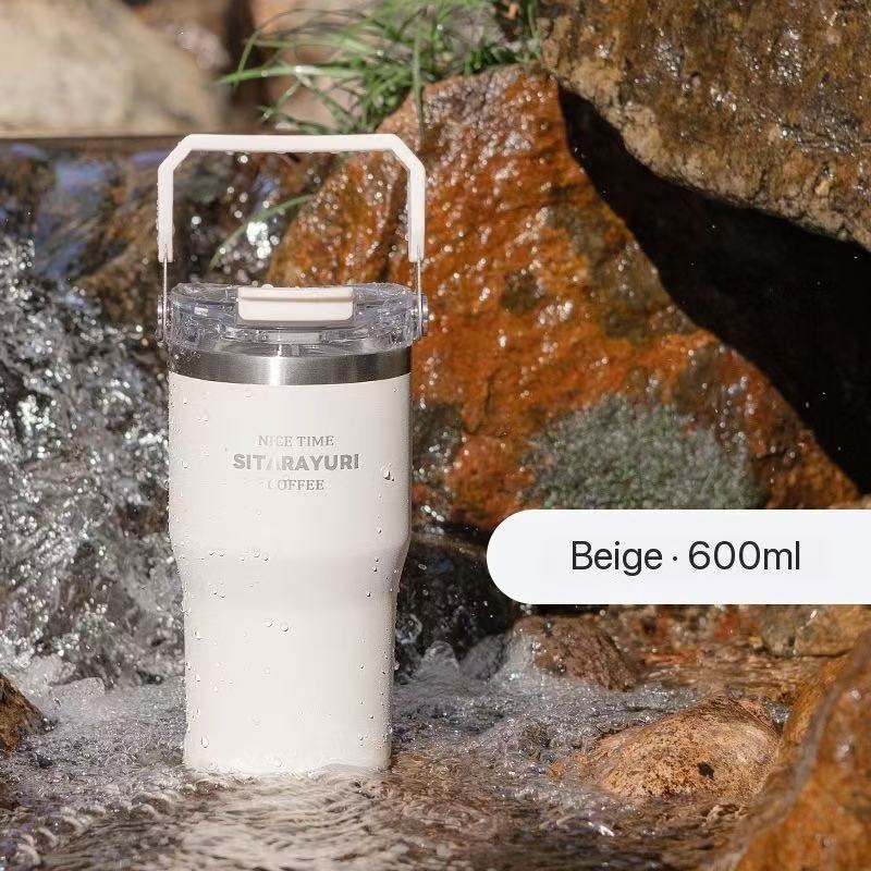 Portable stainless steel thermos flask, stylish design, convenient dual-drink straw water bottle, car water cup