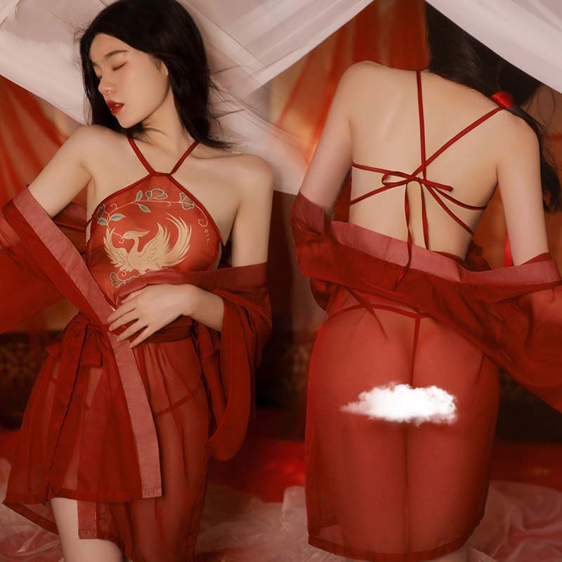 Han Costume Phoenix Print Lace-Up Lingerie Set