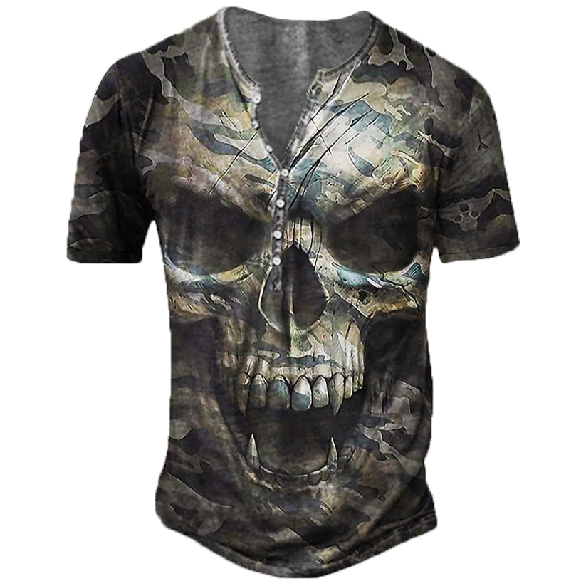 Men's Outdoor Camouflage Skull Print Henley T-Shirt