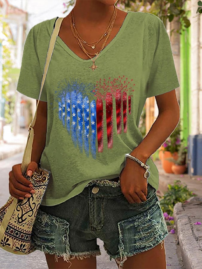 Women'S V-Neck Independence Day Vintage Casual T-Shirt