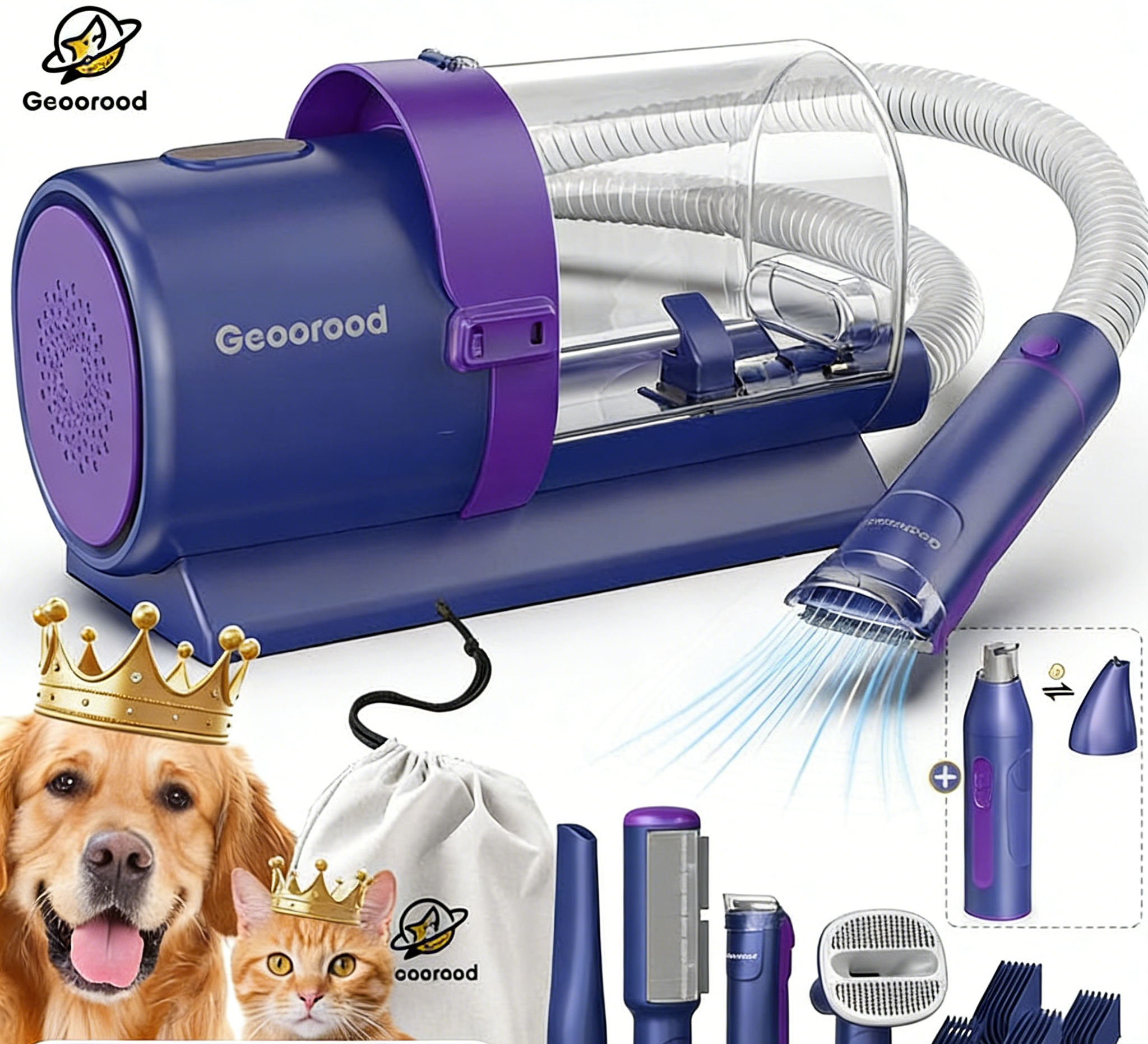 5-in-1 / 6-in-1 Pet Grooming Vacuum Kit | Dog Cat Hair Remover & Grooming Tool with Stainless Steel Blades