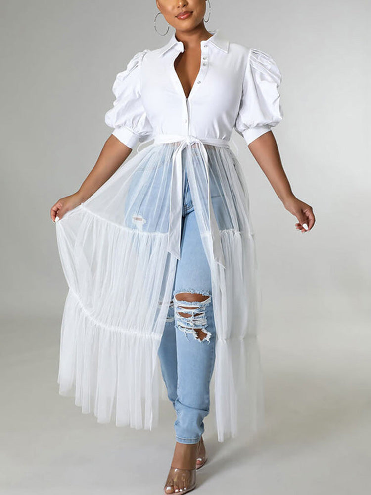 Button Shirt Mesh Hem Top