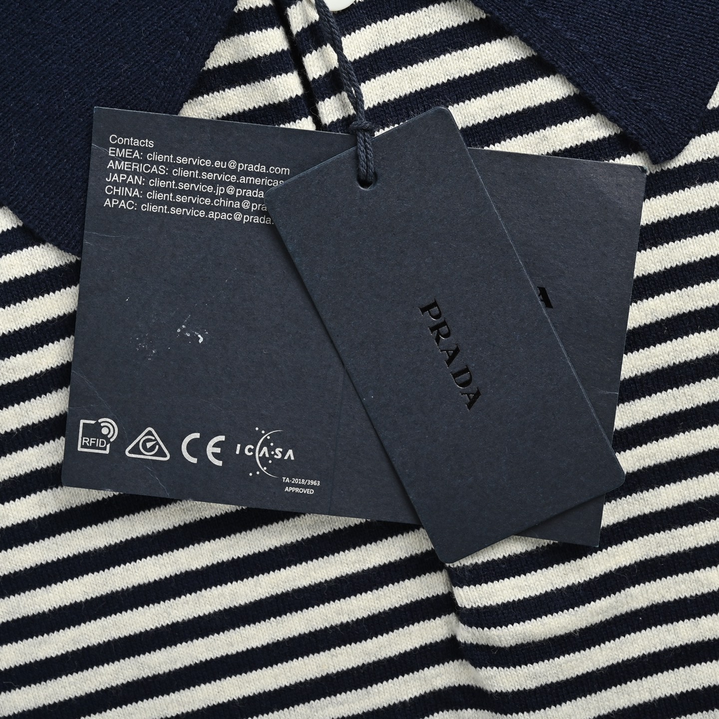 Prada 23ss blue and white striped knitted Polo short sleeve