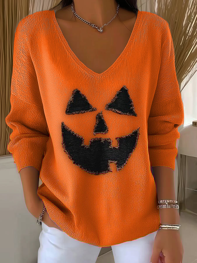 🔥Buy 3 Get 10% Off🔥Women's Halloween Pumpkin Face Printed Casual Long Sleeve Top