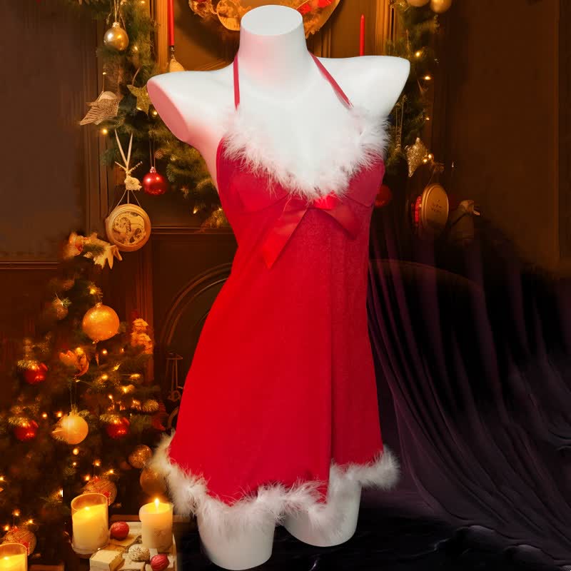 Bow Knot Fluffy Slip Dress Christmas Nightdress Lingerie
