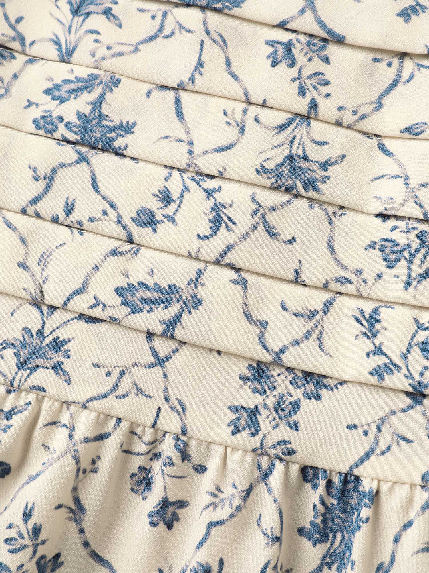 Floral Pleated Bodice Puffy Sleeve Blouse