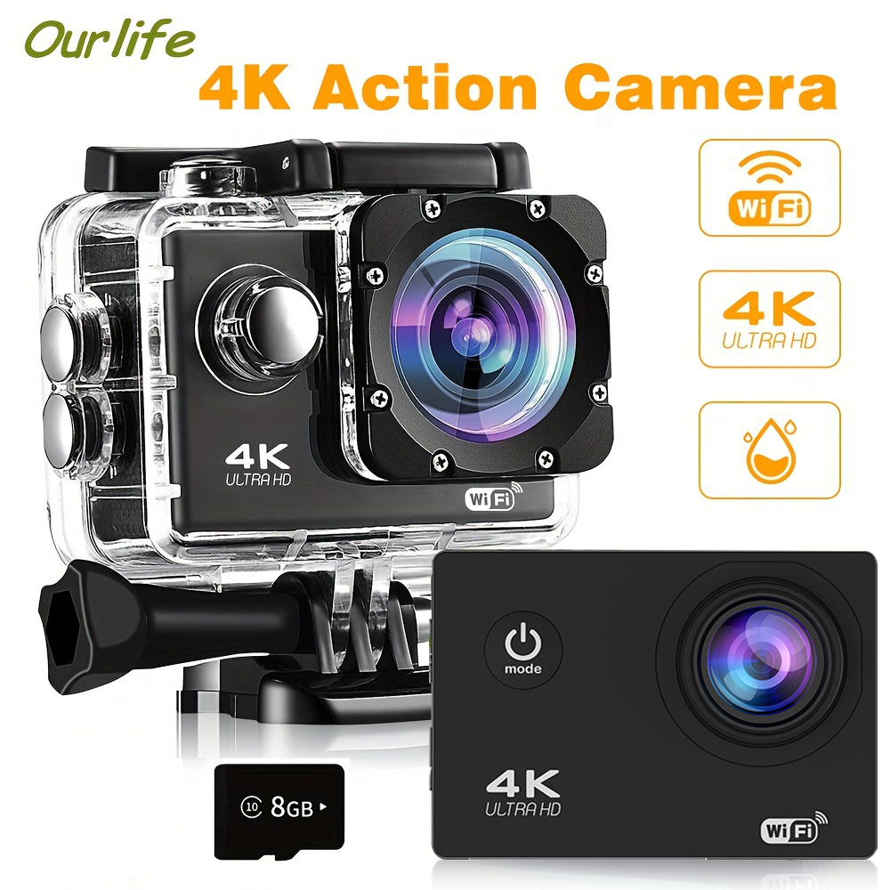 Action Camera 4K Ultra HD - Waterproof, WiFi, Remote Control, 8GB Card, 170° Wide-Angle Lens - Capture Your Adventures Like Never Before