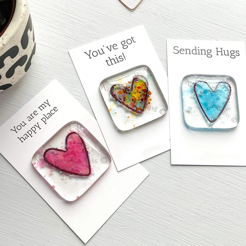 Fused glass heart pocket hug token