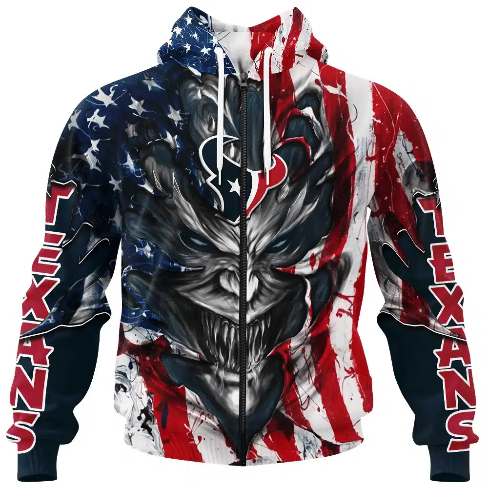 HOUSTON TEXANS DEMON FACE AMERICAN FLAG-3D UNISEX HOODIE