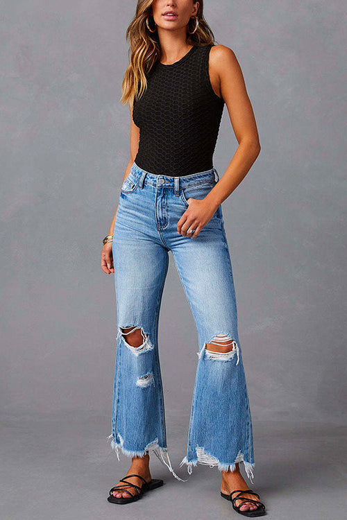 Heididress Raw Hem Ripped Flare Bottoms Denim Pants