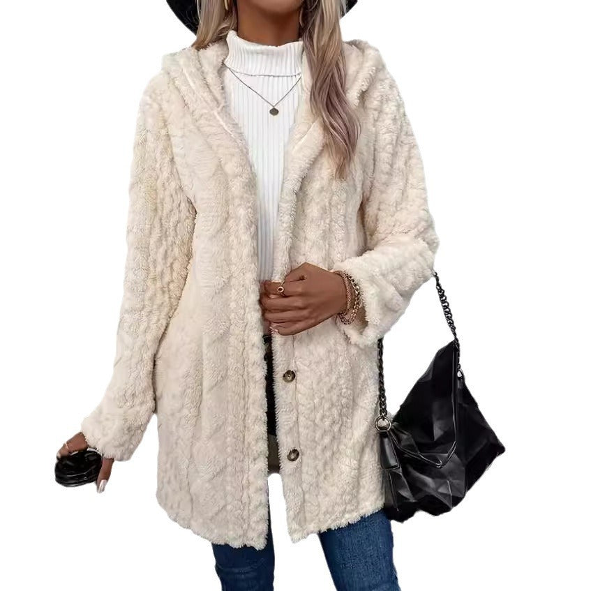 European and American Hooded Solid Color Buttoned Cardigan Long Sleeve Coat