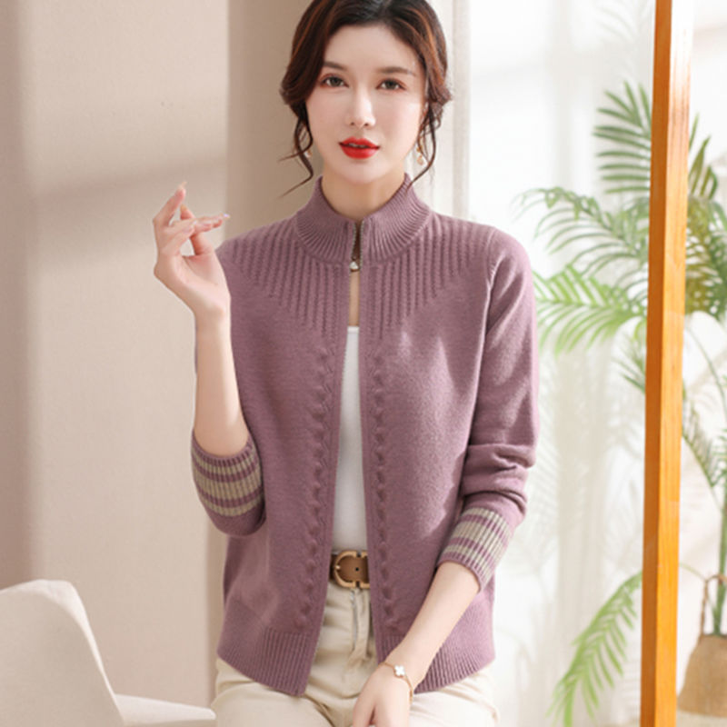 Women's Stand Collar Wool Cardigan Coat with Zipper