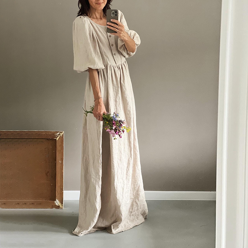 Casual Button Balloon Sleeve Solid Maxi Dress