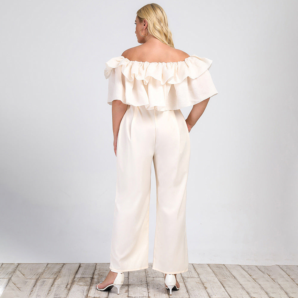 Plus Size Women Clothing Summer New Lotus Edge off-Shoulder Solid Straight-Leg Office Casual Pants Jumpsuit