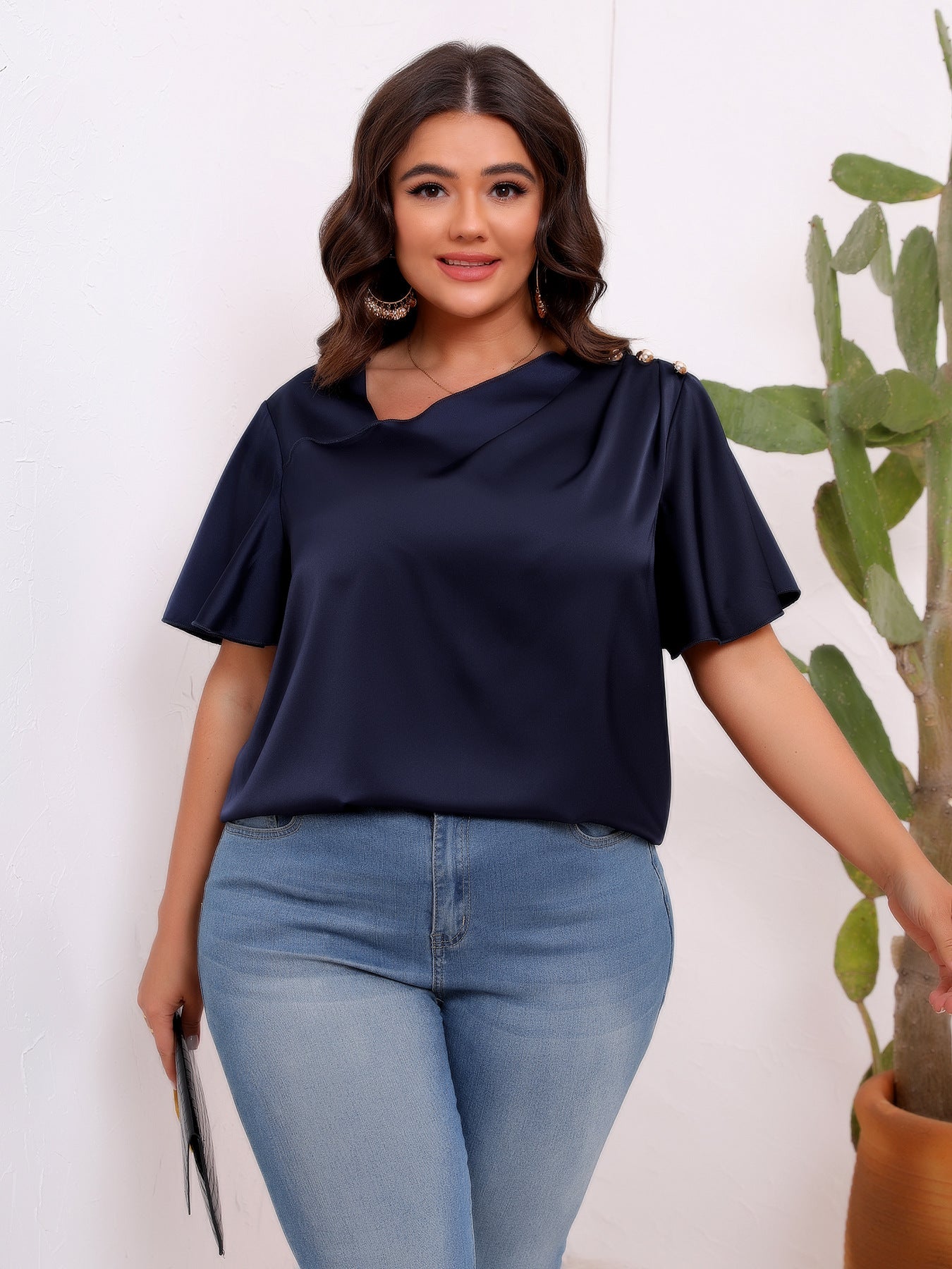 Plus Size Women Clothing Solid Color Satin Artificial Silk Pullover Oblique Shoulder Button Pleated Ruffle Sleeve Office Top Women Shirt