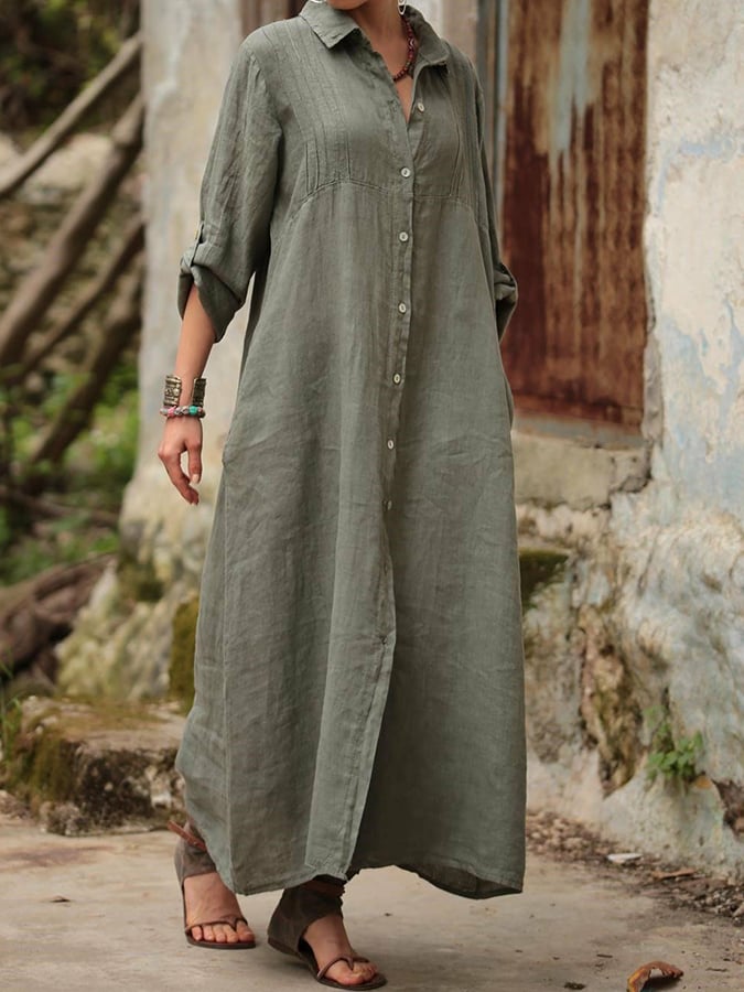 Women's Fashion Casual Loose Shirt Collar Design Solid Color Dress