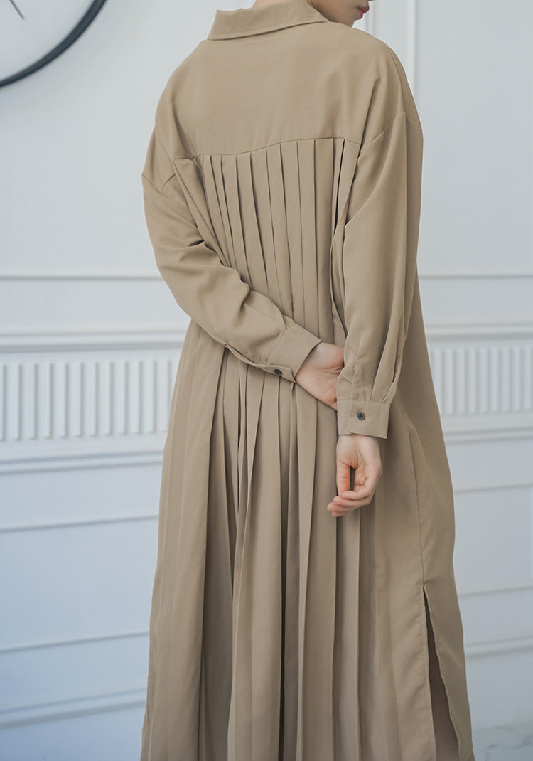 Spring Autumn Loose Overknee Dress Women Casual Large Version Back Pleated Long Shirt Dress