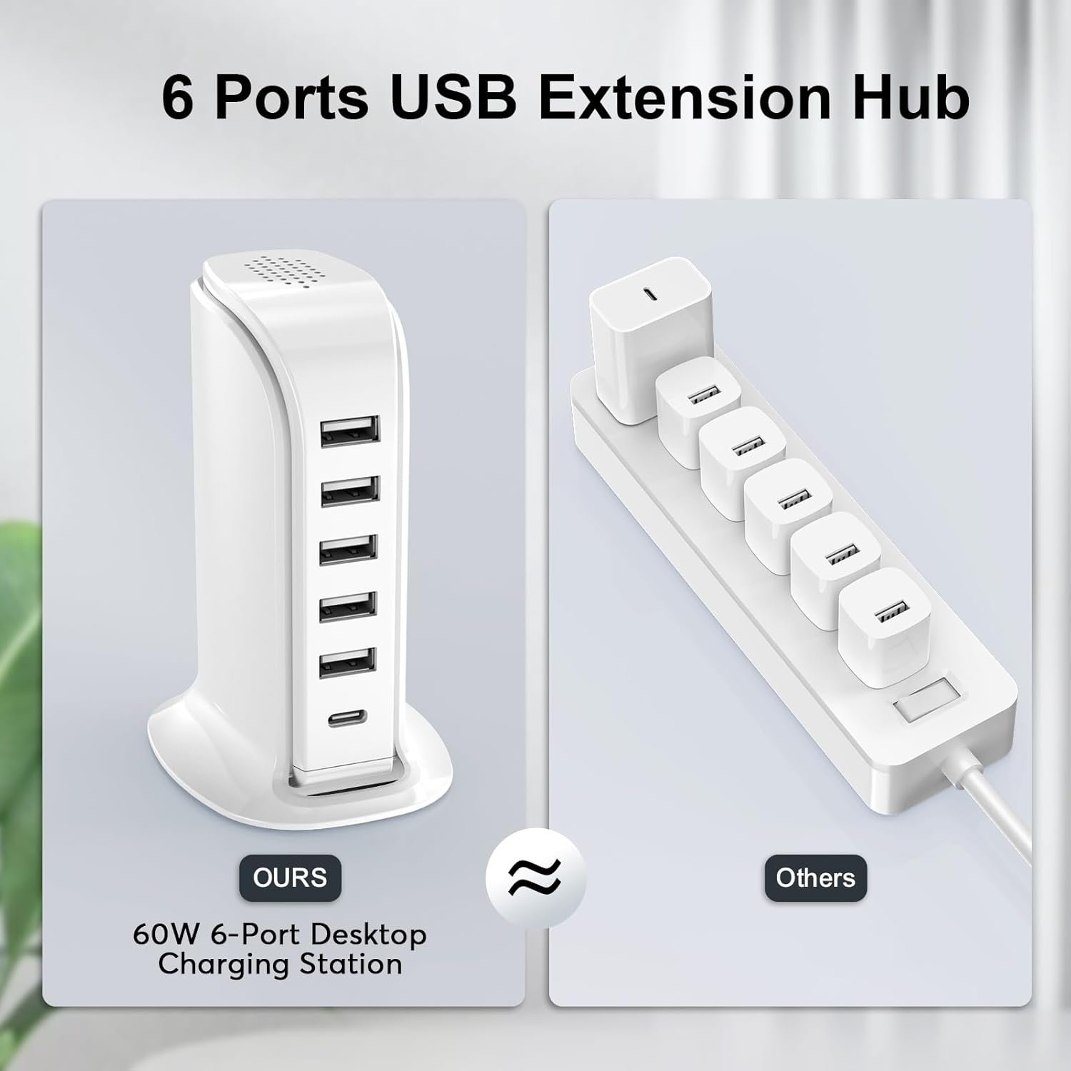 Charger Block 6 in 1 Upoy, 40W USB C Charger 3A, Charging Hub with 5 USB Ports(Shared 6A) for Multiple Electronics, USB Charging Station Multiports, Universal Desktop Phone Charger Travel Ready, Black