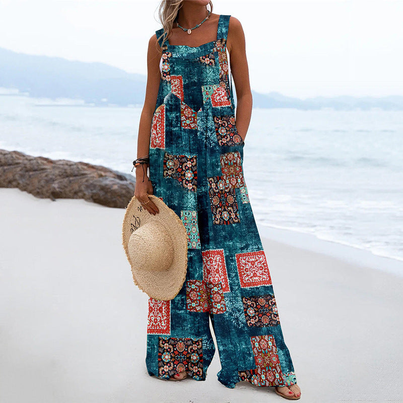 National Style Cotton and Linen Button Suspender Jumpsuit for Ladies