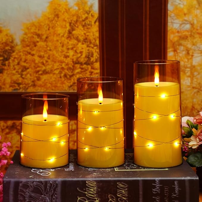 🕯️🕯️LED Candles With Embedded String Lights - (3-Piece Flameless Set)