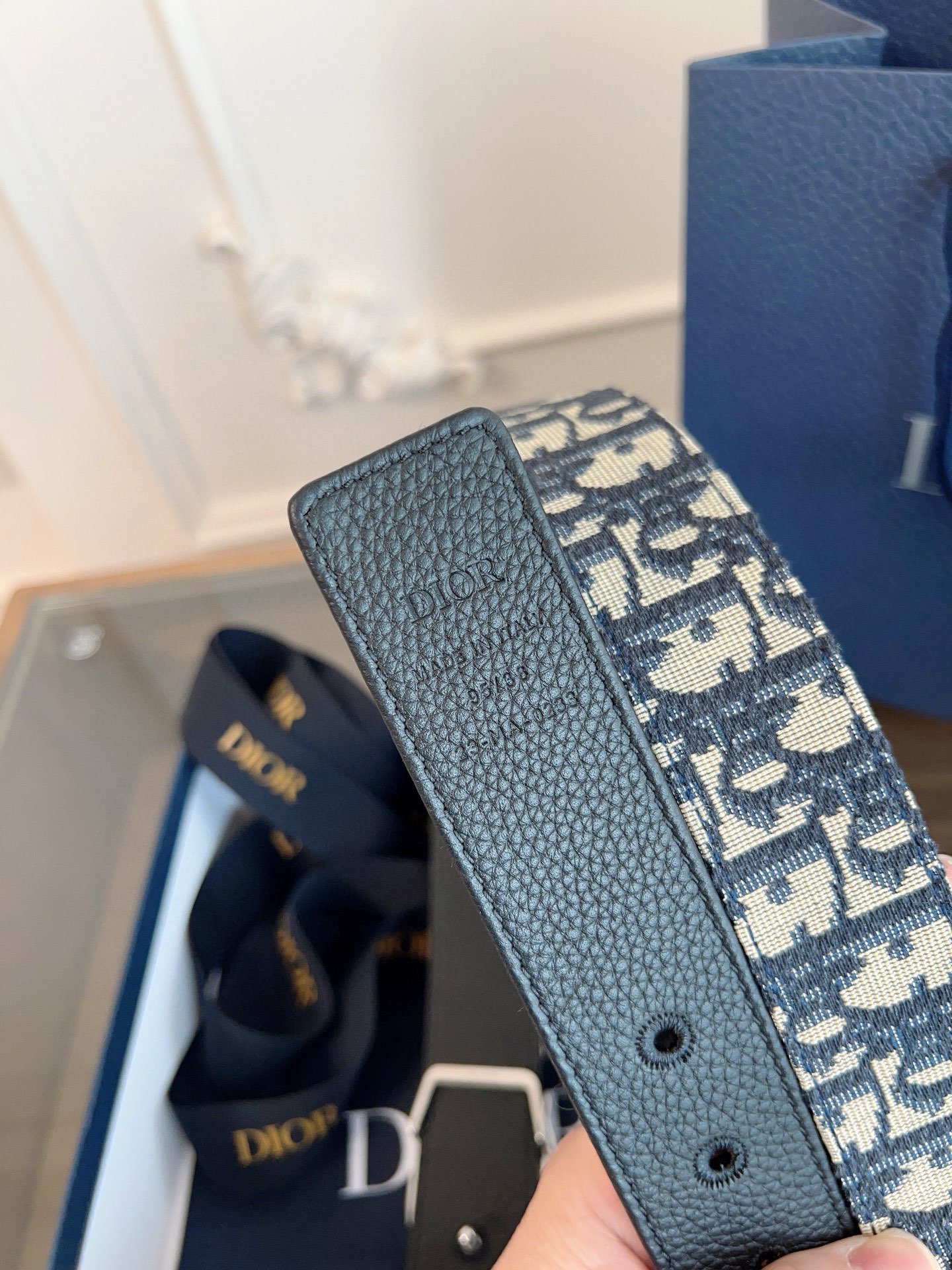 Dior Oblique Blue Cloth Black Cowhide Leather Strap 3.5cm Wide