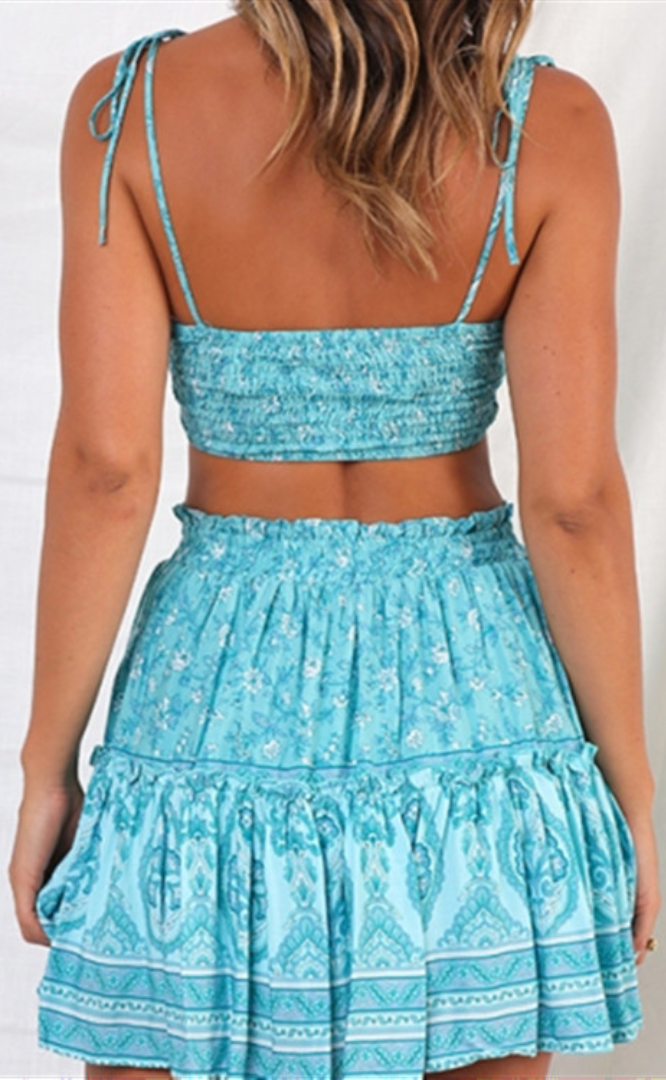 Teal Floral Crop Top and Skirt Matching Sets