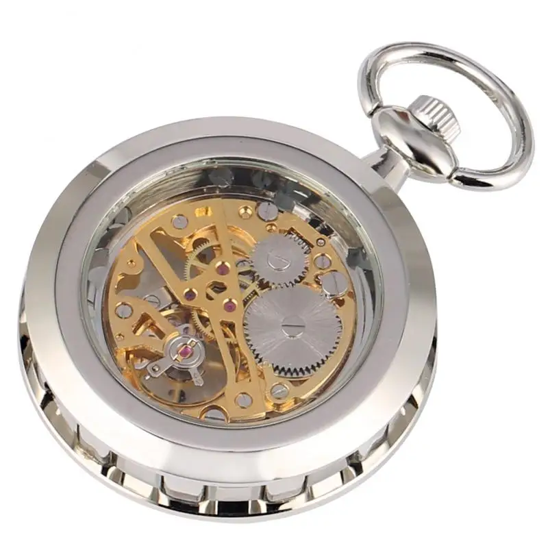 Silver Hand-winding Mechanical Pocket Watch Open Face Skeleton Timepiece Men Women Collectable Clock with Pendant Chain reloj