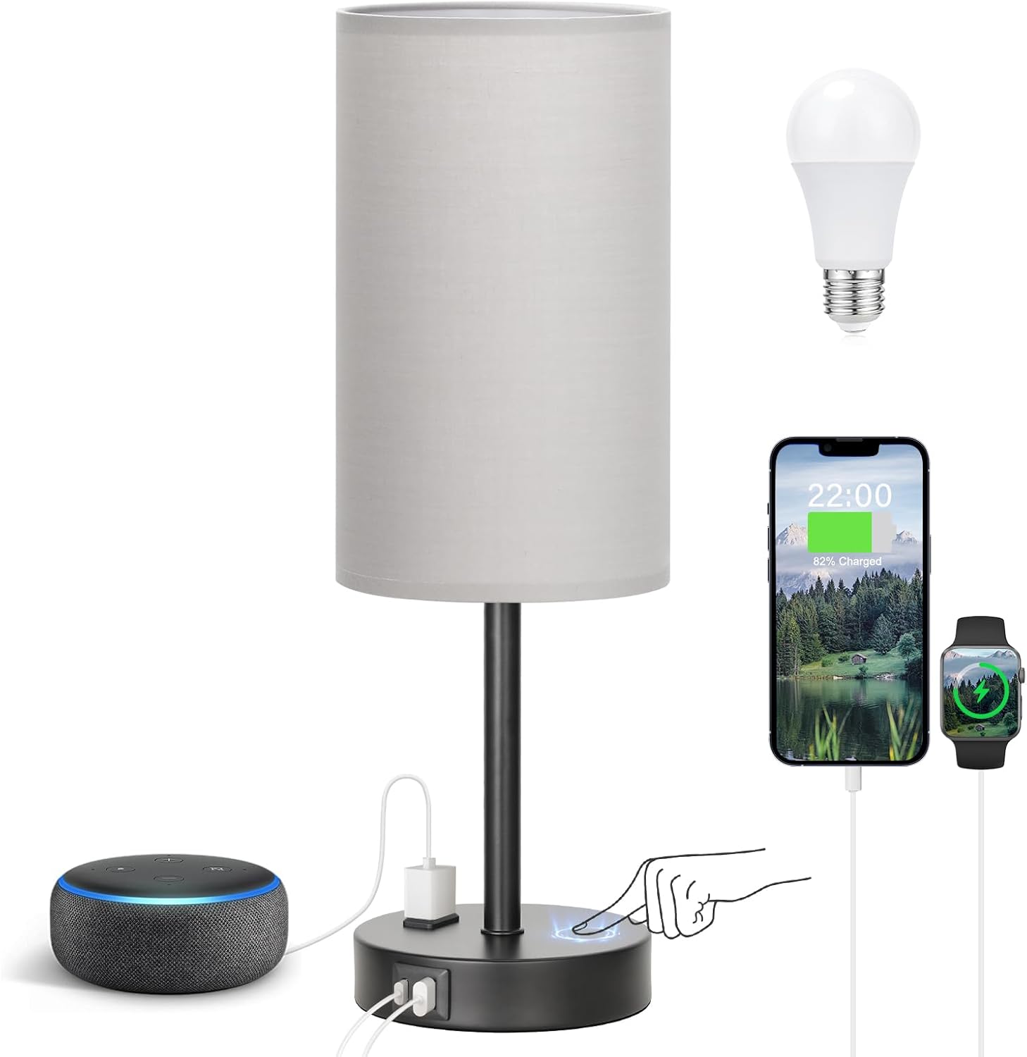 Bedside Table Lamp for Bedroom - 3 Way Dimmable Touch Lamp USB C Charging Ports and AC Outlet, Small Lamp Wood Base Round Flaxen Fabric Shade for Living Room, Desk, LED Bulb Included