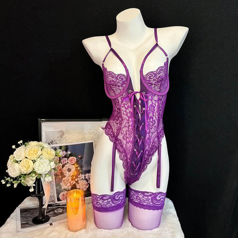 Sexy Lace See-through Lace-up Jumpsuit Lingerie Set