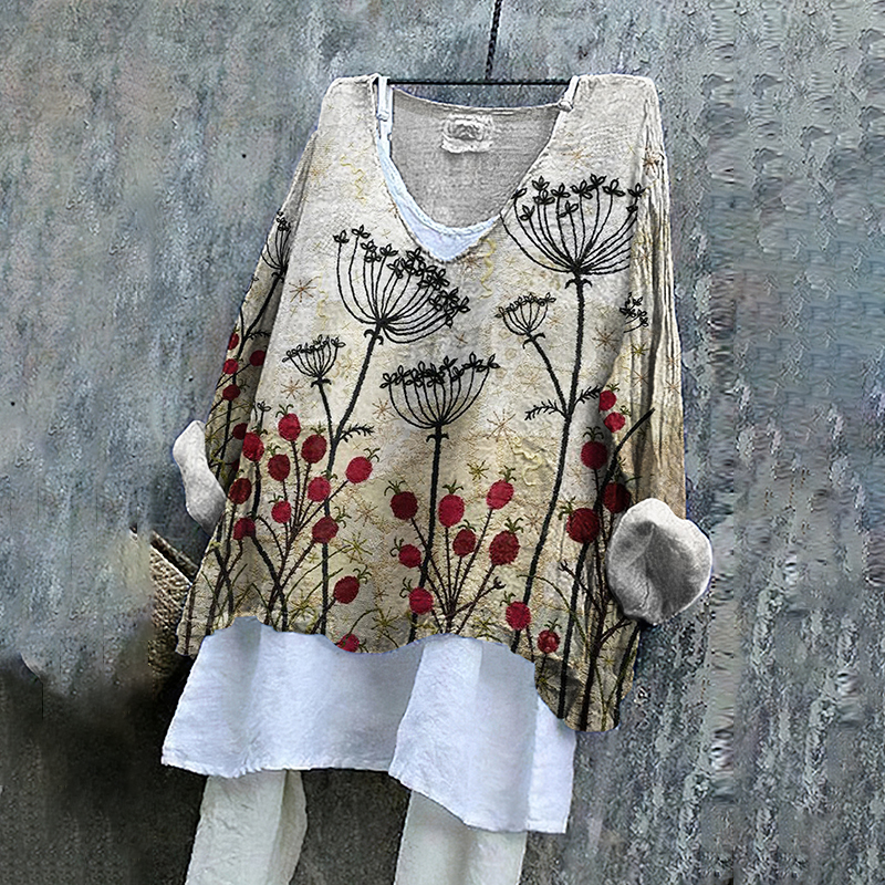 Floral Embroidered Art Linen Blend Tunic