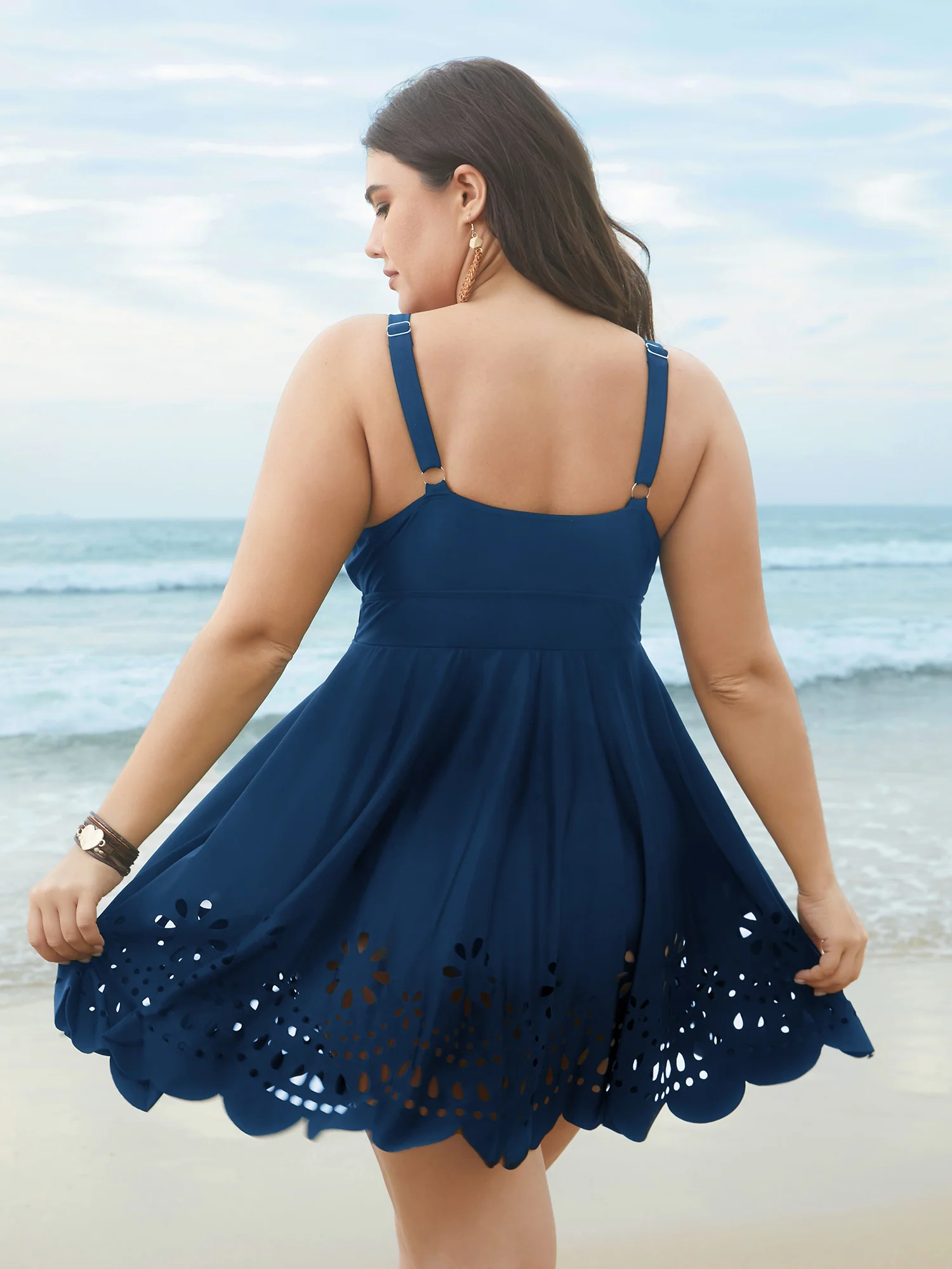 Laser Cut Surplice Neck Waist-Cinched Swim Dress
