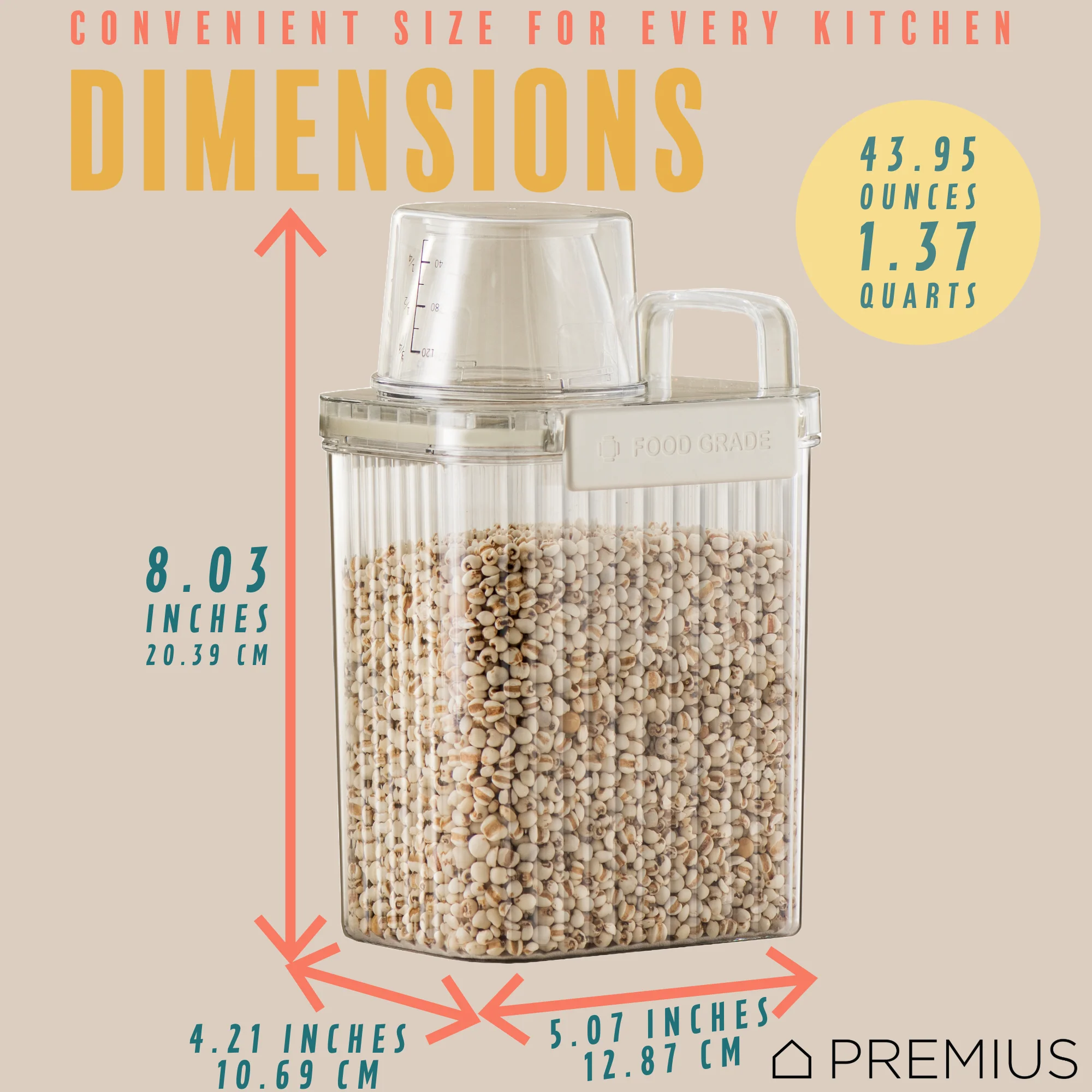 PREMIUS Plastic Food Storage Container with Measuring Cup, Clear-Natural