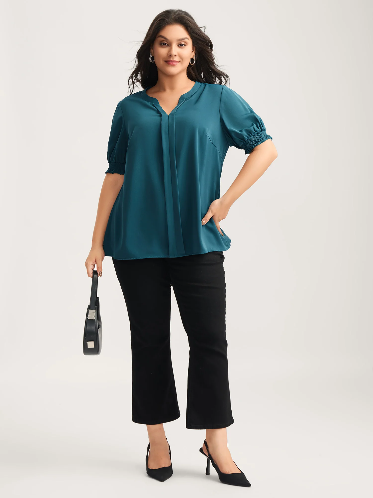 Shirred Puffy Sleeve Solid Blouse