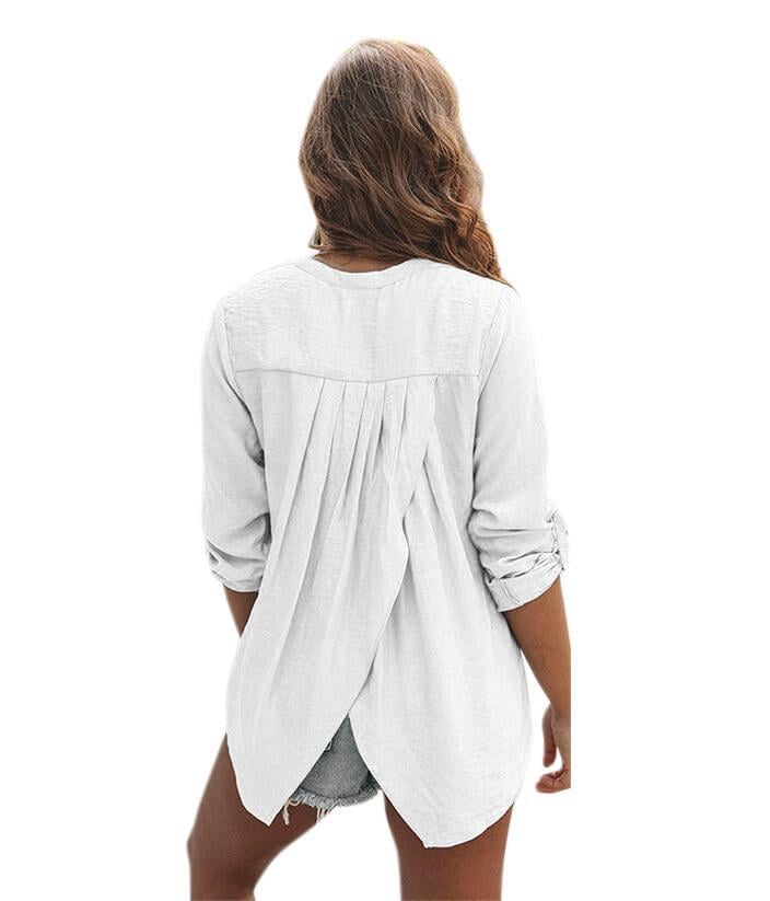Women Blouse V Neck Shirts Ladies Plain Work Long Sleeve Tops Pleated Casual