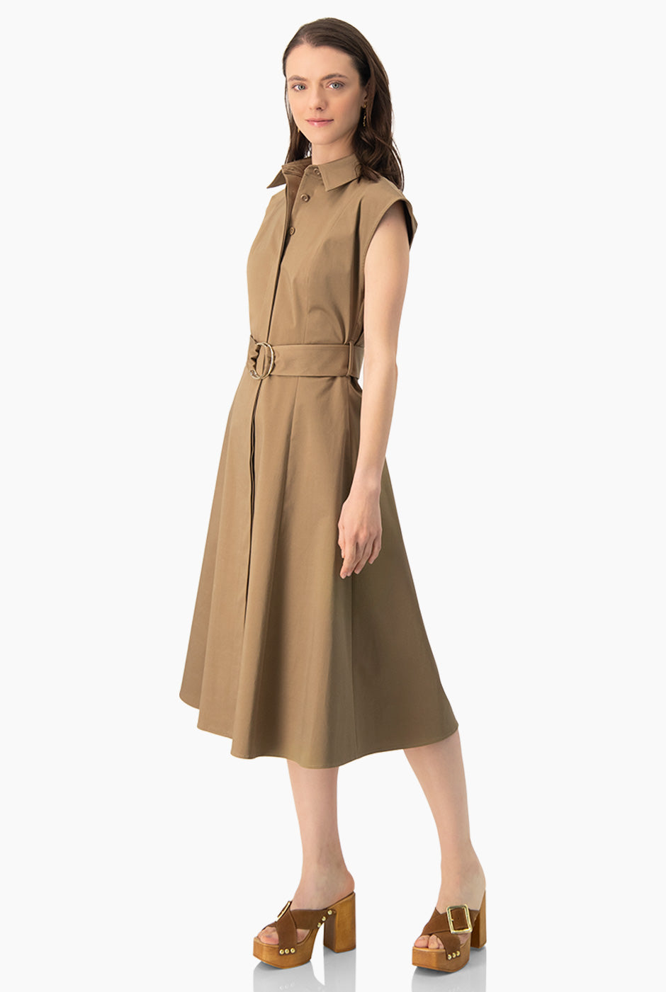 Vestido midi liso cuello camisero